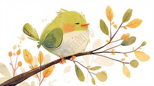 树枝上一只可爱的卡通小绿鸟图片