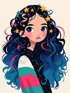 长发可爱的卡通小女孩头发上有很多星星图片