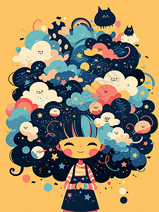 头发上有很多云朵的卡通女孩图片