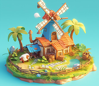 草地上的大风车的可爱卡通小房子图片