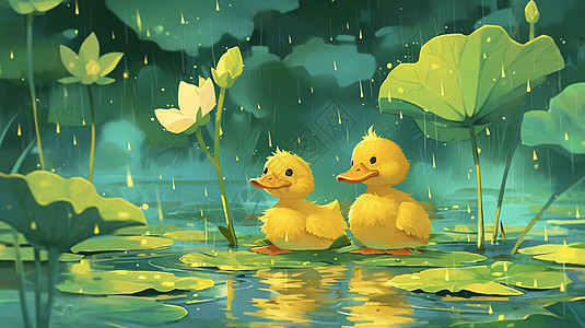 两个可爱的卡通黄鸭在荷塘中躲雨图片