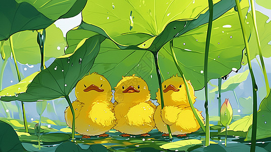 在雨中欢笑的三只小黄鸭图片