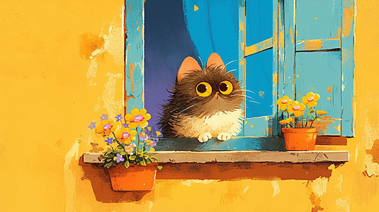 趴在窗台上的一只可爱的卡通小花猫图片