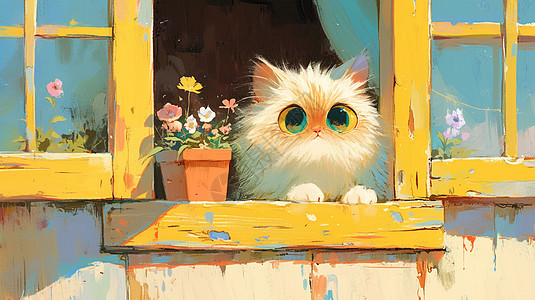 趴在窗台上的一只卡通小花猫图片