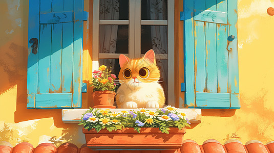 趴在窗台上的一只可爱的卡通花猫图片