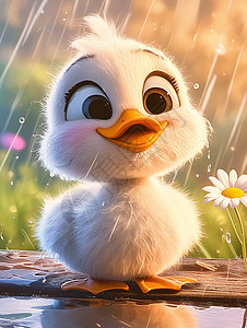 雨中一只可爱的卡通小鸭子在玩耍图片