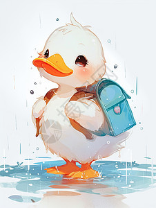雨中背着书包的可爱卡通小鸭子图片