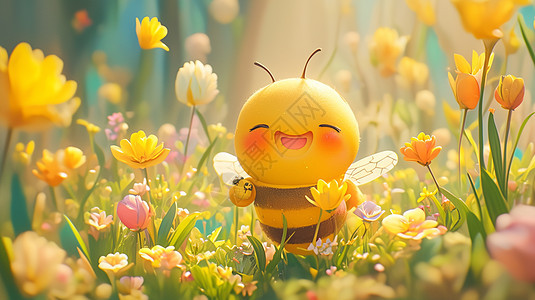 在花丛中可爱的卡通小蜜蜂图片