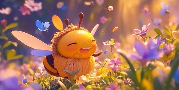 在花丛中可爱的卡通蜜蜂图片