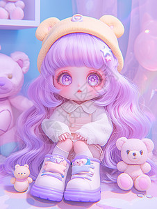 戴黄色小熊帽子粉紫色长发漂亮的卡通女孩图片