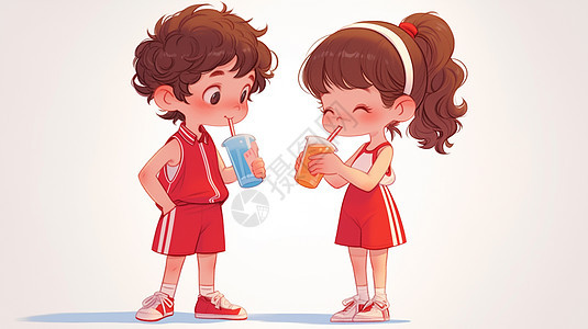 身穿红色运动套装在喝饮料的卡通男孩女孩图片