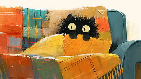 坐在沙发上休息盖着花围巾的卡通小黑猫图片