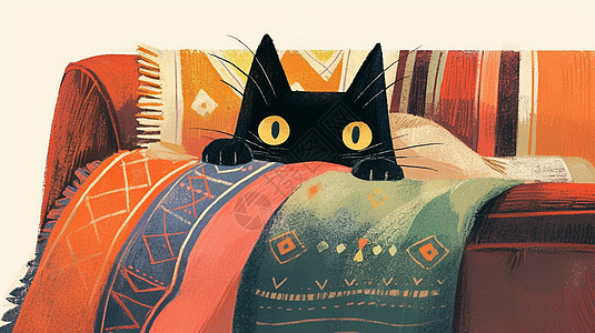 在沙发上休息盖着花围巾的卡通小黑猫图片