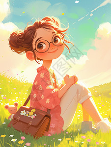 坐在草地上休息穿着粉色上衣戴着黑框眼镜的卡通女孩图片