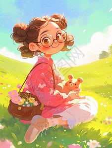 草地上休息穿着粉色上衣戴着黑框眼镜的卡通女孩图片