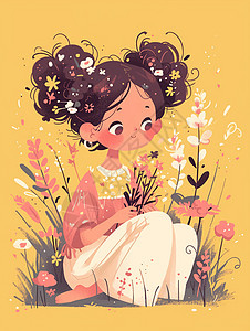 坐在花丛中手拿花束的卷发卡通小女孩图片