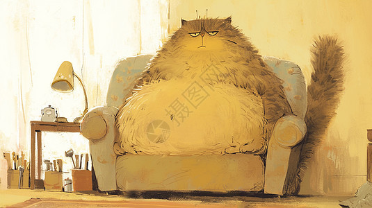 慵懒的卡通猫坐在沙发上图片
