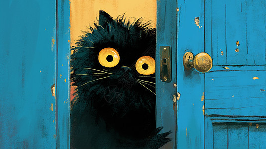一只可爱的卡通黑猫躲在门后图片