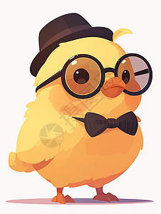 黄色的卡通小鸡戴着黑框眼眼镜和礼帽图片