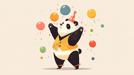 戴着生日帽开心跳舞的卡通大熊猫图片