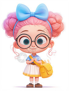 头上戴着蓝色蝴蝶节粉色长发大眼睛可爱的卡通小女孩图片