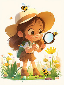 手拿着放大镜的卡通女孩在森林中观察探索图片