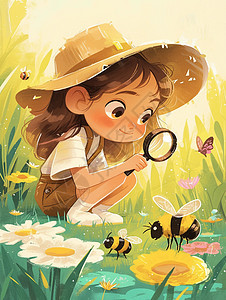 卡通女孩在森林中观察探索图片