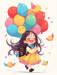 身穿黄色连衣裙手拿彩色气球开心奔跑的卡通女孩图片