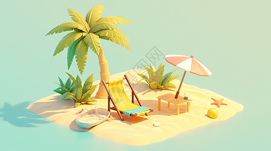 蓝色大海小岛上椰子树下一把卡通休闲椅图片