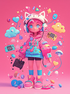 粉色头发的时尚卡通女孩手拿着游戏手柄头上戴着耳麦图片
