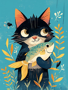 抱着一条大鱼的可爱卡通小花猫图片