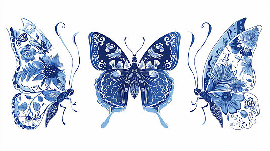 蓝色美丽的复古风卡通蝴蝶图案图片