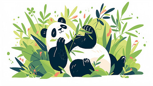 悠闲的躺在竹林中的卡通大熊猫图片