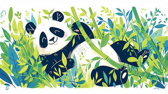躺在竹林中的卡通大熊猫图片