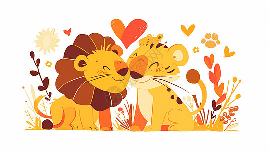 两只可爱的卡通小狮子情侣插画图片