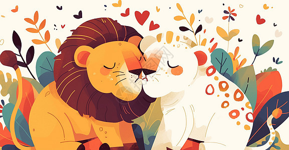 两只可爱的卡通小狮子情侣插画图片