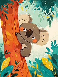 在认真爬树的可爱卡通树袋熊图片