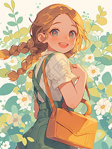 花丛中背着橙色包开心笑的卡通小女孩图片