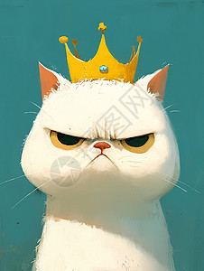 头上戴着金色皇冠生气表情的卡通白猫图片