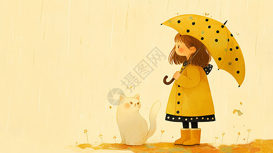 穿雨衣打着雨伞与宠物猫一起雨中赏雨的卡通女孩图片