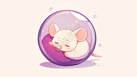 在紫色泡泡中睡觉的可爱卡通小白鼠图片