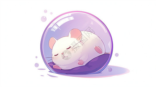 在紫色泡泡中睡觉的卡通小白鼠图片