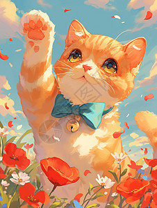 在花丛中开心招手的卡通橘猫图片