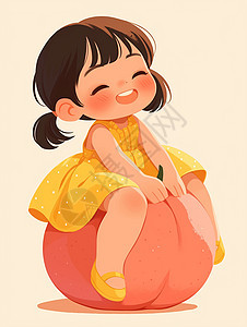 身穿黄色连衣裙坐在大大的水果上开心笑的卡通小女孩图片