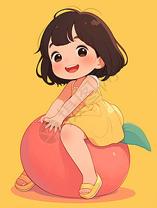 穿黄色连衣裙坐在大大的水果上开心笑的卡通小女孩图片