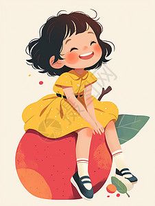 身穿黄色连衣裙坐在大大的水果上开心笑的卡通女孩图片