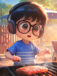 边听音乐一边忙着烤肉的卡通小男孩图片