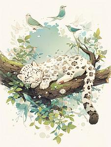 慵懒的趴在树上睡觉的卡通小豹子图片