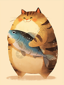 抱一条大大的鱼可爱卡通小花猫图片