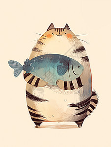 抱着一条大大的鱼可爱卡通花猫图片